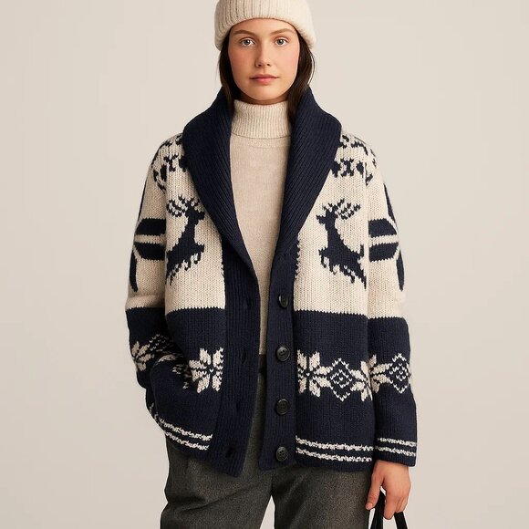 New Alpaca Wool Blend Christmas Cardigan Sweater Winter Fair Isle Knit Oversized - Picture 2 of 11